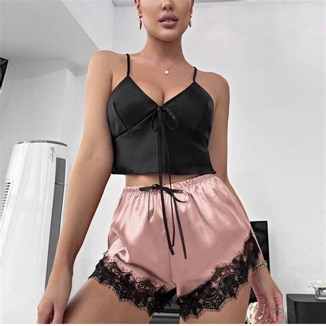 Xysaqa Silk Pajamas Set Women S Lingerie Lace Cami Top And Shorts Set