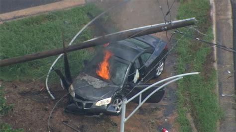 Car Crashes Into Power Pole Catches Fire Near Uptown Wsoc Tv