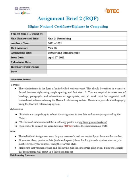 Assignment Brief 2 Rqf Higher National Certificatediploma In