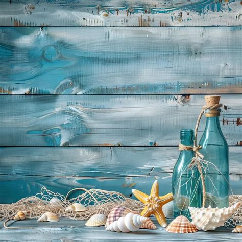 Premium Photo Sea Shells Blue Background Seashells Rope And Bottles