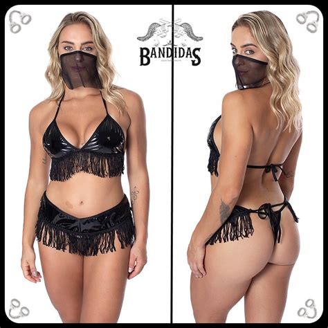 Fantasia Bandida De Couro Franja Lingerie Sexy Conjunto Presidi Ria