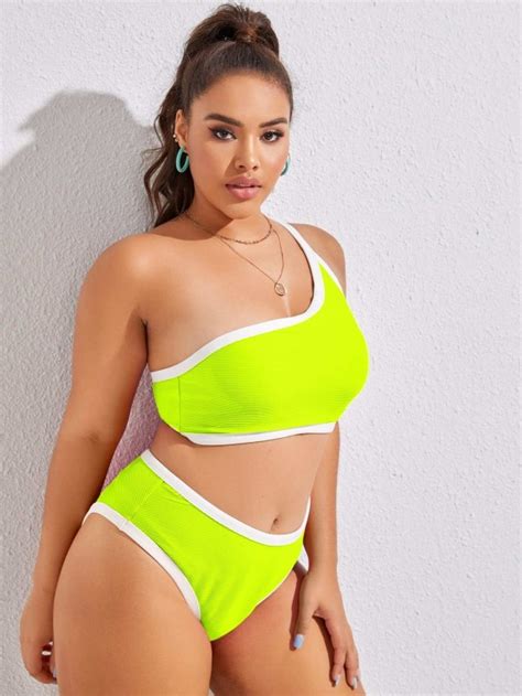 Plus Neon Lime Rib One Shoulder Bikini Swimsuit