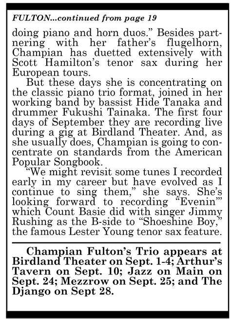 Champian Featured In Hot House Jazz Magazine As Live At Birdland