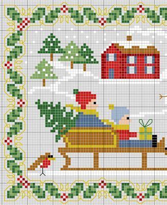 A Cross Stitch Christmas Scene With Santa And His Sleigh