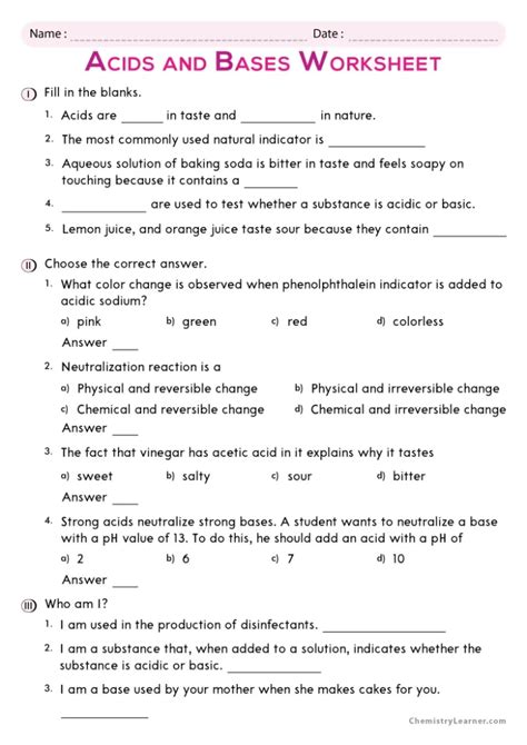 Free Printable Acids And Bases Worksheets