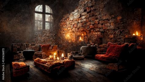 Old fantasy living room interior in castle in gothic style Stock ...