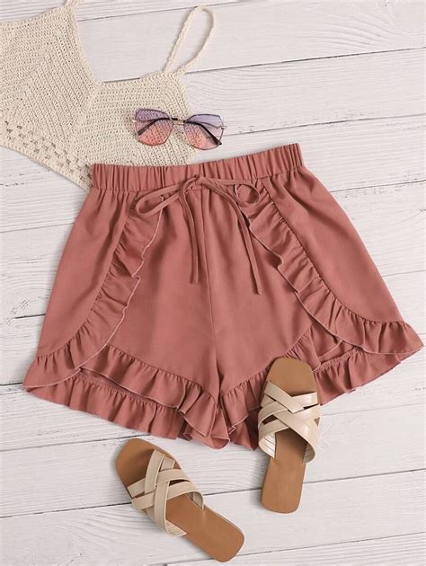 Shein Tie Front Ruffle Trim Shorts Trendy Summer Outfits Woman Suit