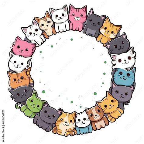 Cartoon Cute Face Cats Vector Doodle Circle Frame Anime Style Stock Illustration Adobe Stock