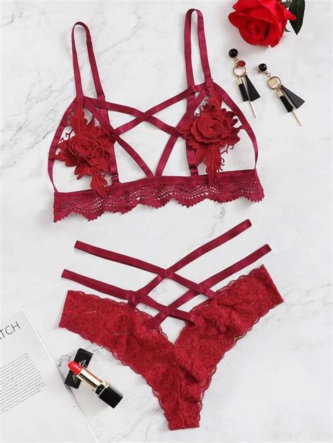 Shein Harness Criss Cross Appliques Lingerie Set Belle Lingerie Pretty Lingerie Lingerie Set