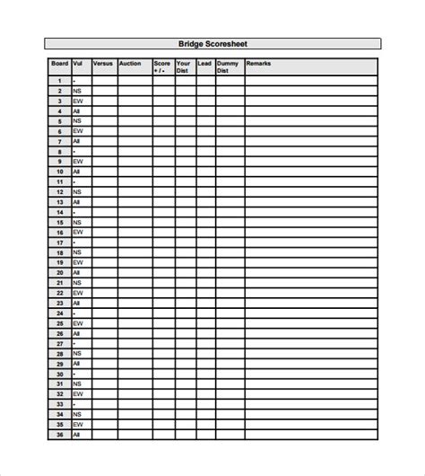 Printable Bridge Score Sheets