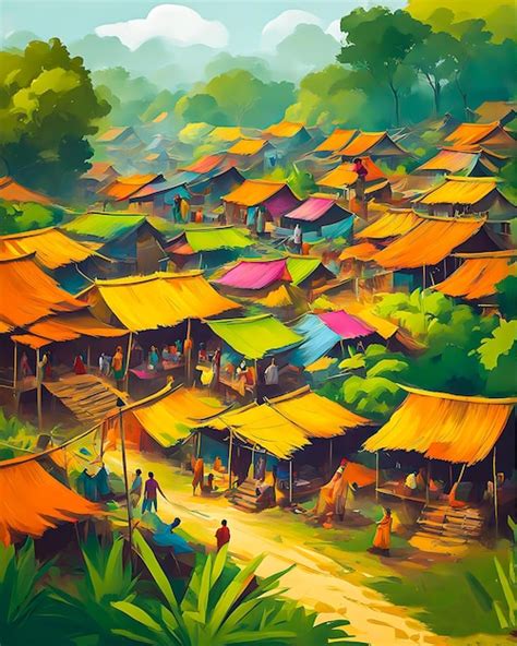 Premium AI Image | Colorful painting digital art village