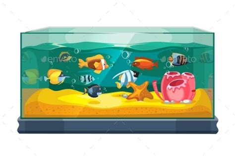 Cartoon Freshwater Fishes In Tank Aquarium Vector Fish Tank Drawing