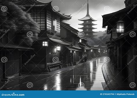 Asian City Landscape Black And White Neural Network Ai Generated Stock