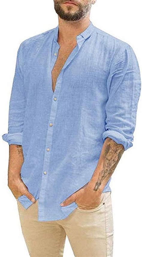 Herren Leinenhemd Langarm Stehkragen Hawaiihemd Beil Ufige Button Down