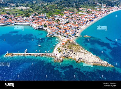 View Of Kokkari Fishing Village With Beautiful Beach Samos Island