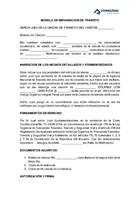 Modelo DE Impugnacion DE Transito MODELO DE IMPUGNACION DE TRÁNSITO