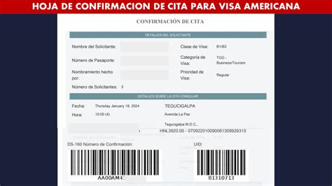 Hoja De Confirmaci N De Cita Para Visa Americana