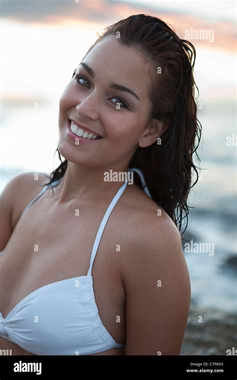 Smiling Woman In Bikini On Beach Stock Photo Alamy