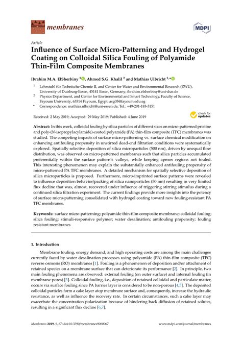 Pdf Influence Of Surface Micro Patterning And Hydrogel Coating On Colloidal Silica Fouling Of