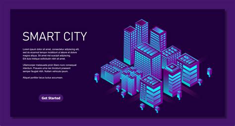 Smart city in a futuristic style. Isometric smart city illustration. Intelligent buildings ...