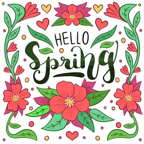 Free Vector Hello Spring Lettering With Red Flowers And Leaves