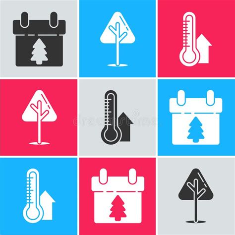 Set Calendar Christmas Tree And Meteorology Thermometer Measuring Icon