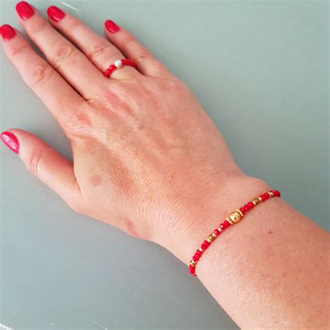 Tiny Red Crystal Stretch Bracelet Gold Fill 3mm Small Ruby Beaded