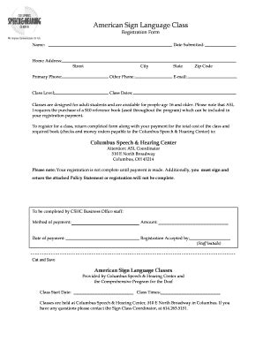 Fillable Online ASL Registration Form Columbus Speech Hearing Fax