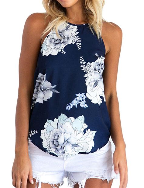 Sherosa Womens Casual Halter Top Spaghetti Strap Floral Print Tank