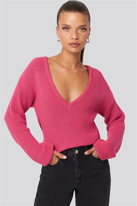 Deep Front V Neck Knitted Sweater Pink Na