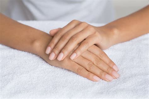 Manicure Girl With Nude Nails Getting Professional Procedure Stock Photo Image Of Stylish