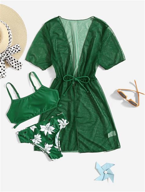 3 paquetes Conjunto de bikini con estampado floral y kimono de playa de verano para niña