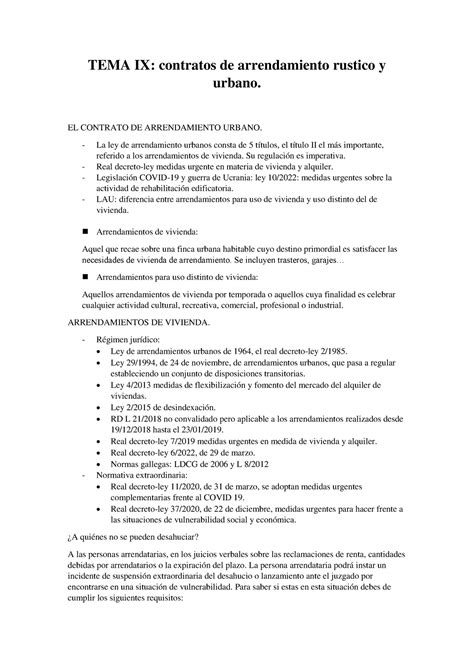 Resumen Tema Y Tema Ix Contratos De Arrendamiento Rustico Y