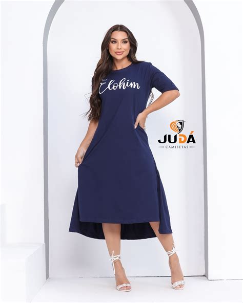 Vestido Midi Tângela Elohim manga 3 4 Azul Marinho Moda Evangélica