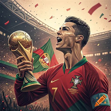 stylized illustration  cristiano ronaldo holding  world cup trophy
