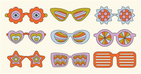 Groovy Vector Sunglasses Retro Hippy Eyewear Heart Star And Flower Shaped Glasses 70s Funky