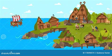 Vikings And Scandinavian Warriors Settlement Funny Cartoon Vector