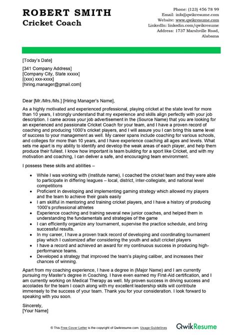 Cricket Coach Cover Letter Examples Qwikresume