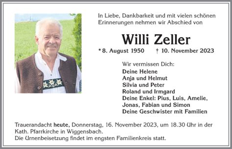 Traueranzeigen Von Willi Zeller Allg Uer Zeitung