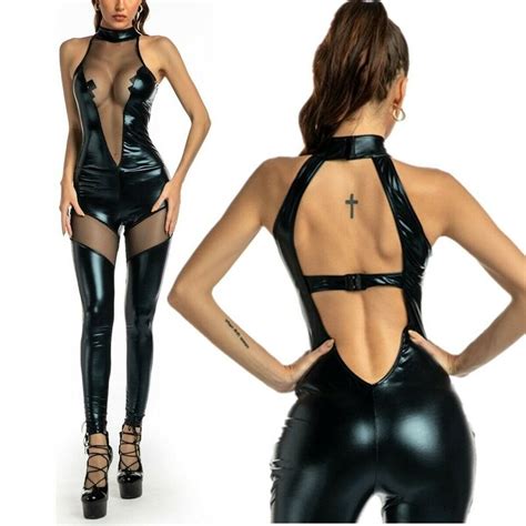 Body Sexy de malla de retales para mujer mono de piel sintética de PVC