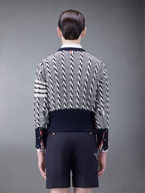 Donegal Bicolor Twist Cable Bar Crew Neck Pullover Thom Browne