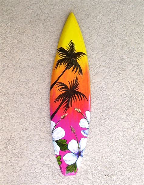 Palm Trees And White Hibiscus Flowers Surfboard Plaque Hand Etsy