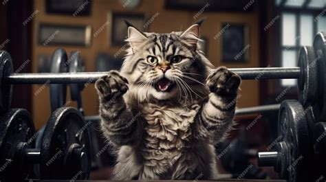 Premium Photo | Funny cat in the gym in training sports weight loss healthy lifestyle The cat is ...