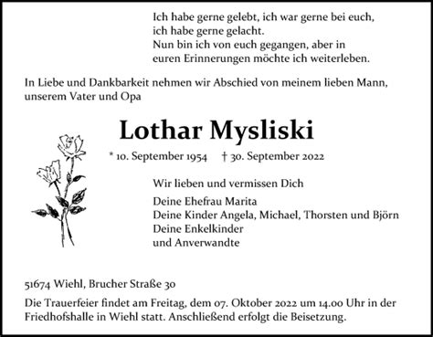 Traueranzeigen Von Lothar Mysliski Wirtrauern