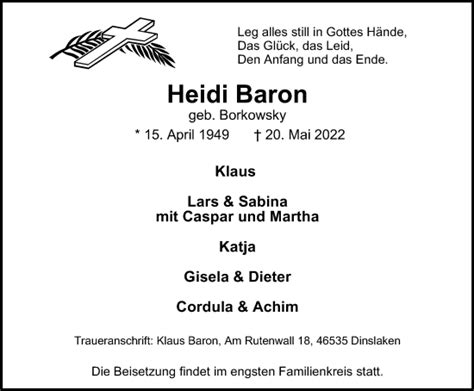 Traueranzeigen Von Heidi Baron Trauer In Nrw De