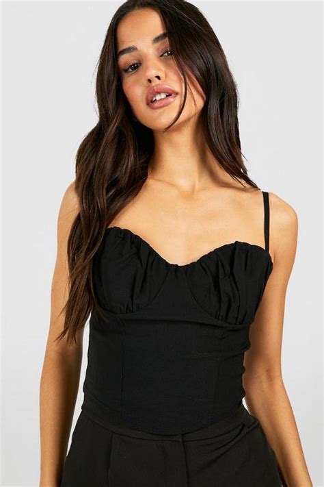 Black Ruched Cup Bengaline Corset Top Boohoo Uk