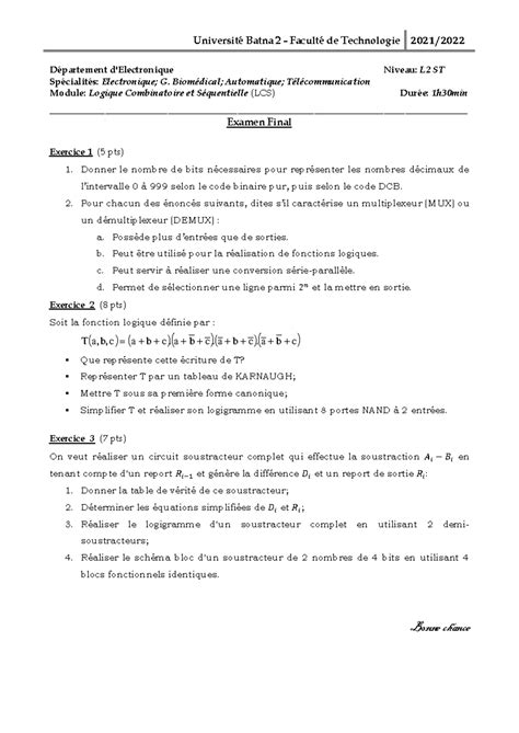 Examen Corrig Logique Combinatoire Et S Quentielle Universit