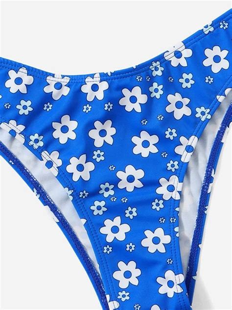 Emmiol Free Shipping Allover Floral Halter Bikini Set Blue M In