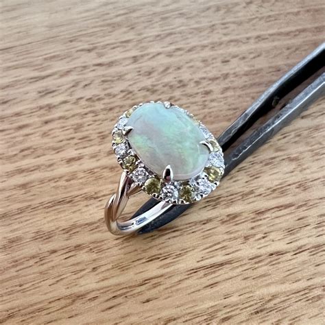 14K White Gold Solid Crystal Opal Ring with a Diamond & Pale Yellow ...