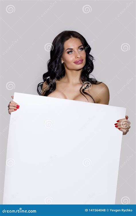 Naked Brunette Woman Holding Empty Board Stock Photo Image Of Mockup Lingerie